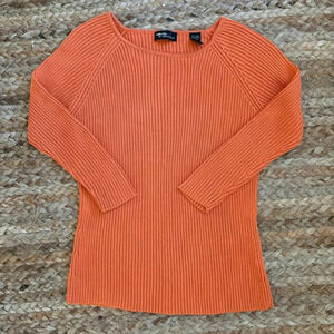 Valerie Stevens Small Orange Ribbed Fitted Silk Blend Sweater 3/4 Sleeve